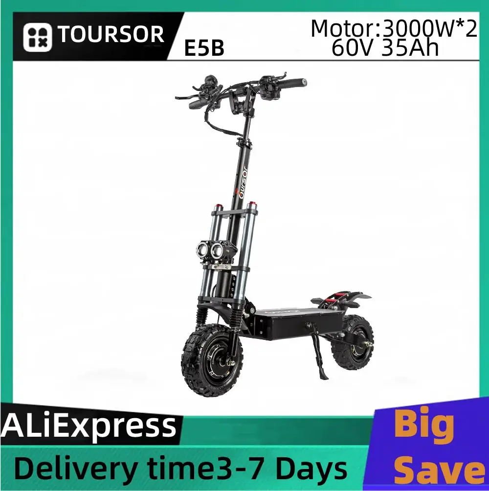

TOURSOR E5B Adult Electric Scooter 3000W*2 Dual Motor 60V35Ah Battery E-Scooter 11" Off-road Tire Foldable Road EScooter