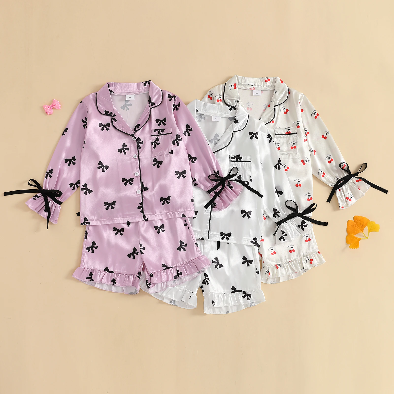 4-12Y Girls Stain Pajamas Set Long Sleeve Bow Print Collared Shirt Shorts Kids Sleepwear Children Loungewear Homewear