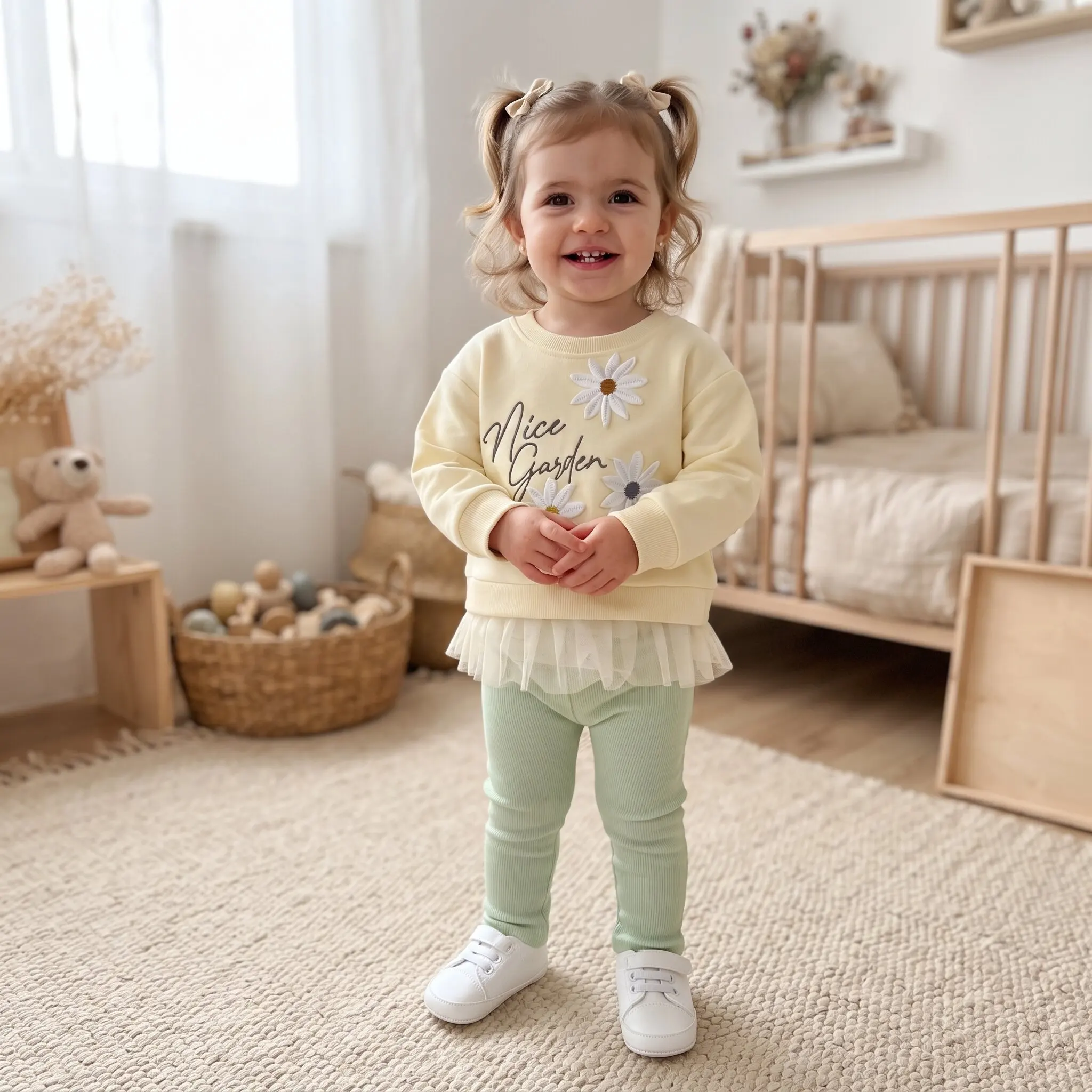 Baby Girl Daisy Embroidery Sweatshirt Set 3D Floral Applique Letter Print Tulle Hem Top Mint Green Ribbed Leggings 2Pcs