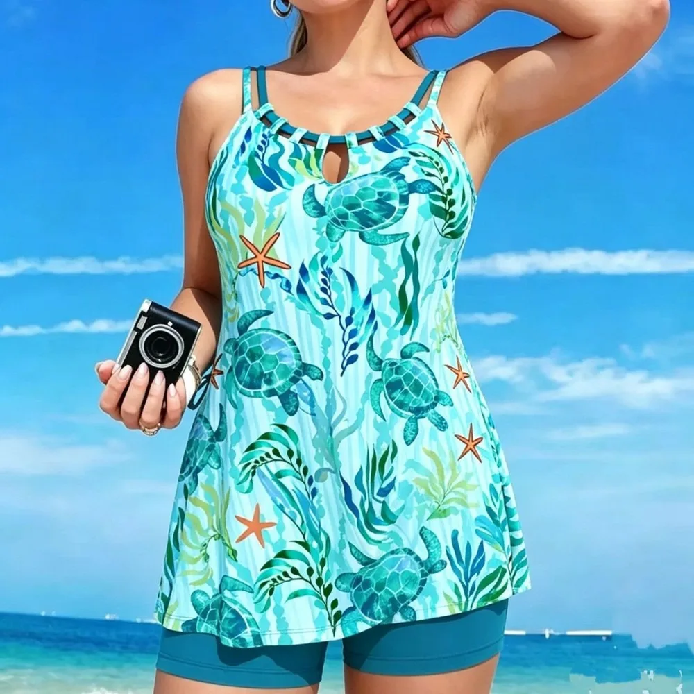 Plus Size Tummy Control Tankini Set For Women, Ocean Print Swimwear, Slimming Two Piece Bathing Suit, Trendy Tankini Swimsuits W