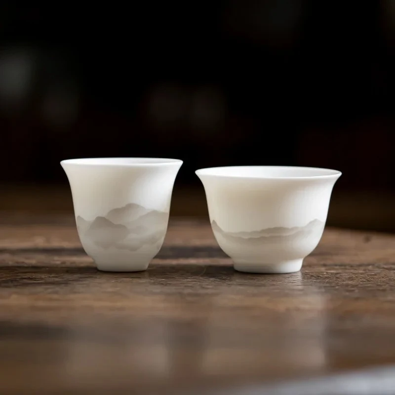 Simple Mutton Fat Jade White Ceramic Cups Porcelain Ink Far Mountain Master Single Teacup Household Ceramic Kung Fu