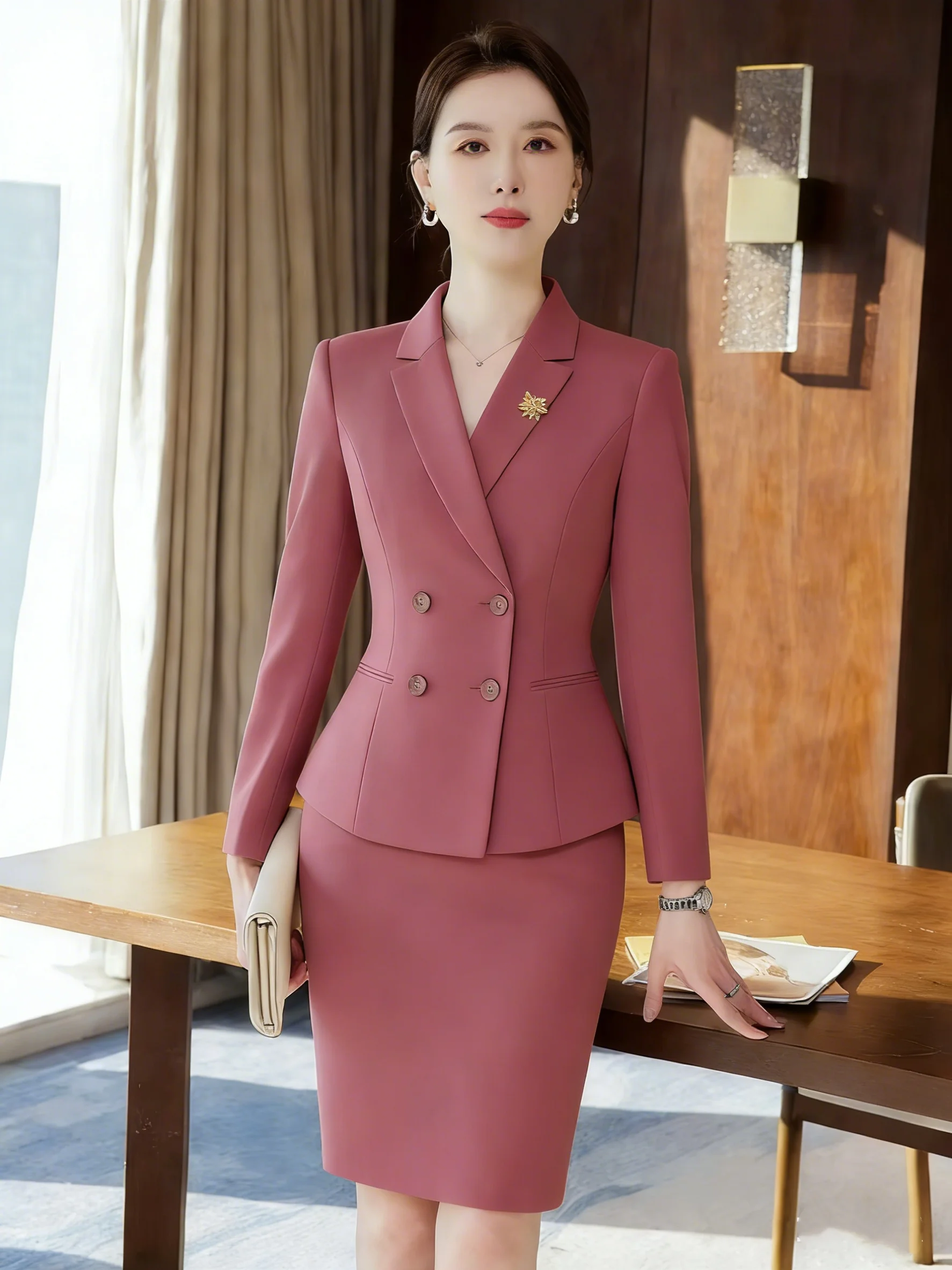 Women Suit Jacket with Skirt Blazer Skinny Skirt 2 Piece Formal Women's Suit Sets for Business Navy Blue Apricot Work Uniform