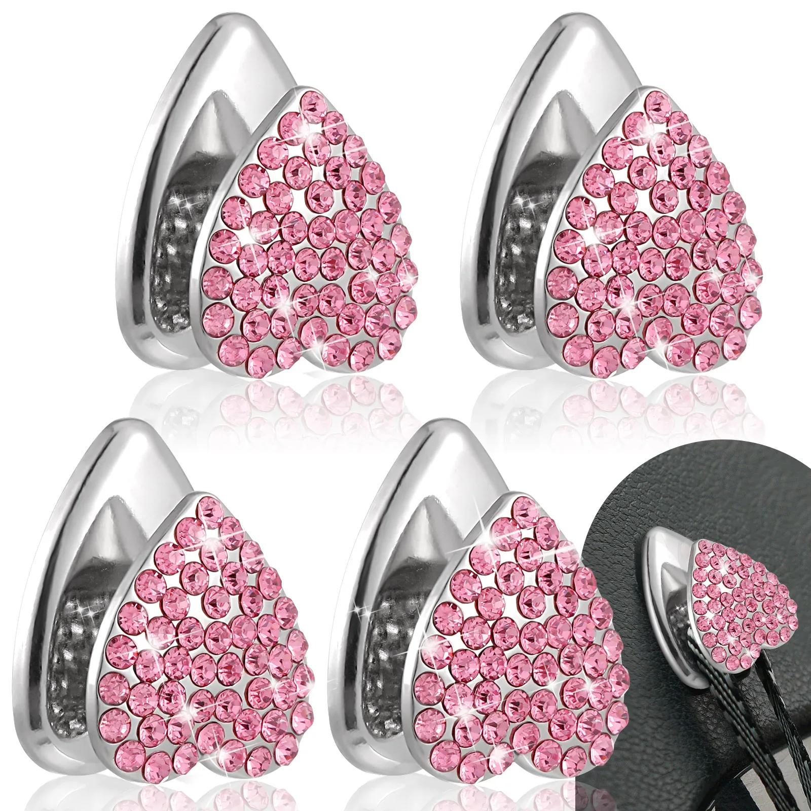 4 Pieces Auto Heart Hooks Rhinestone Self-adhesive Dashboard Back Seat Hanging Earphone Hanger Universal Truck Holder