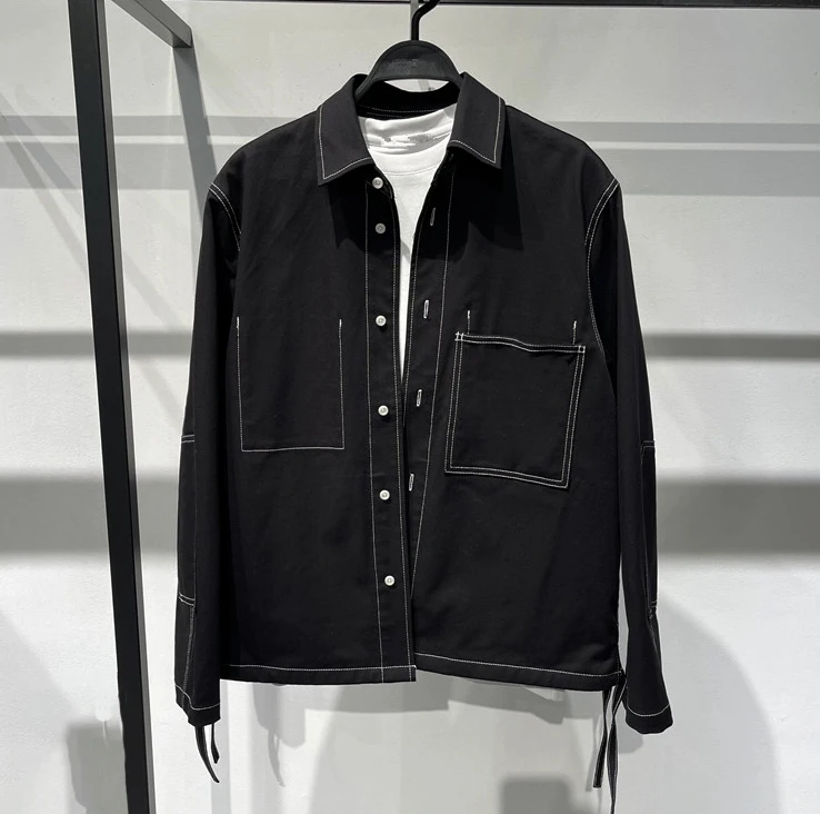 

Trendy Brand Men's Loose Long Sve Anti-Wrinkle Elastic irt Autumn Bla Large Size Draped White Line Casual Busin Wear