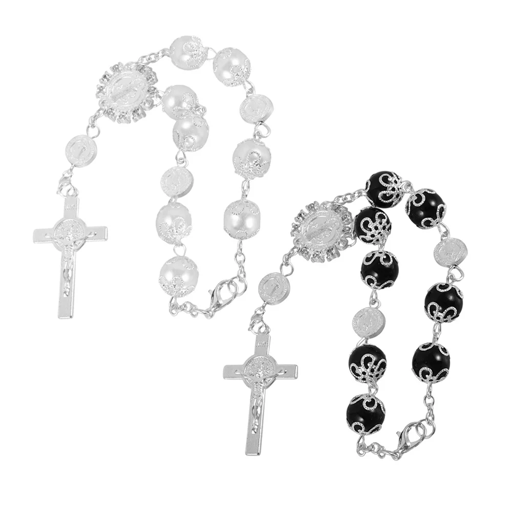 

2Pcs Car Rosary Cross Pendants Rearview Mirror Hanging Ornament Zinc Alloy Blessing Catholic Car Medal Black White Durable Auto