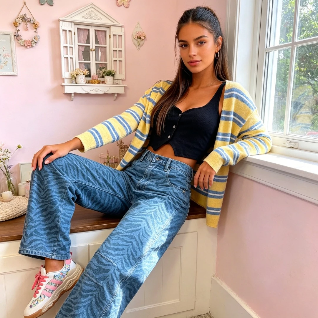 Women Zebra Print Wide Leg Pants Jeans Denim Trousers Full Lenth Mid Waist Zipper Loose Y2k Casual Streetwear Casual 2026 Spring