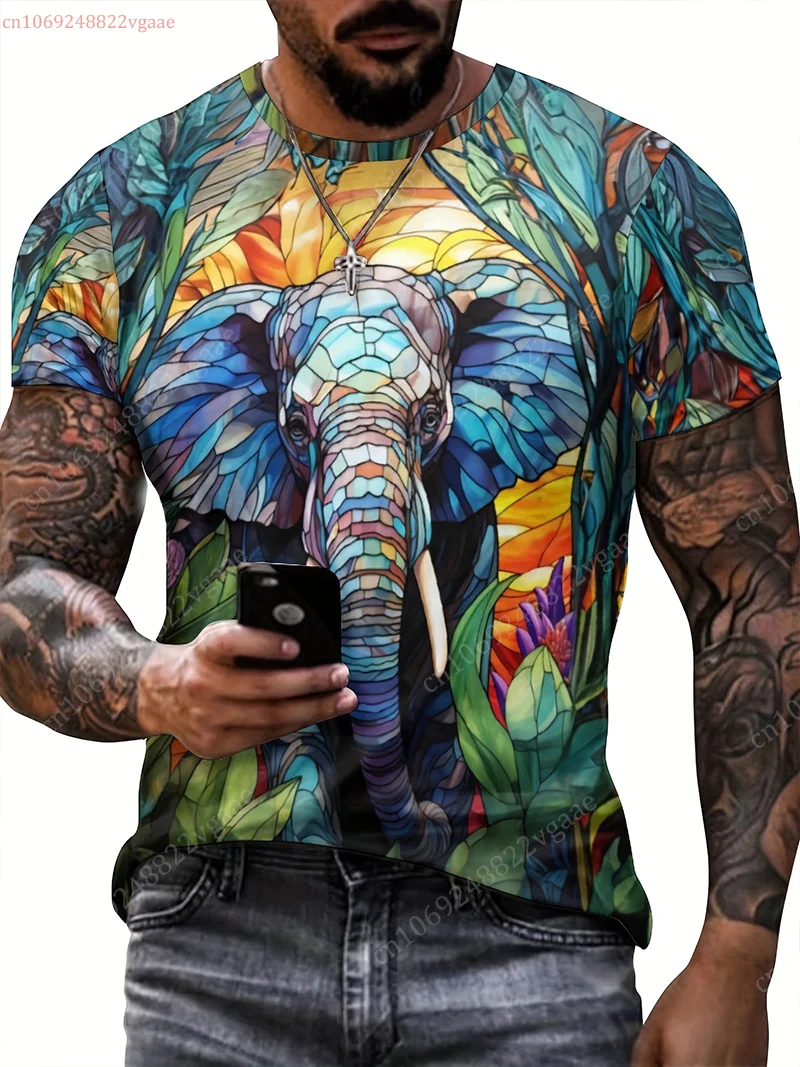Summer Men\'s Colorful Elephant Graphic T-shirt Short Sleeve Tee Vintage Top Oversized Clothes Training Uniform Fitness Clothing