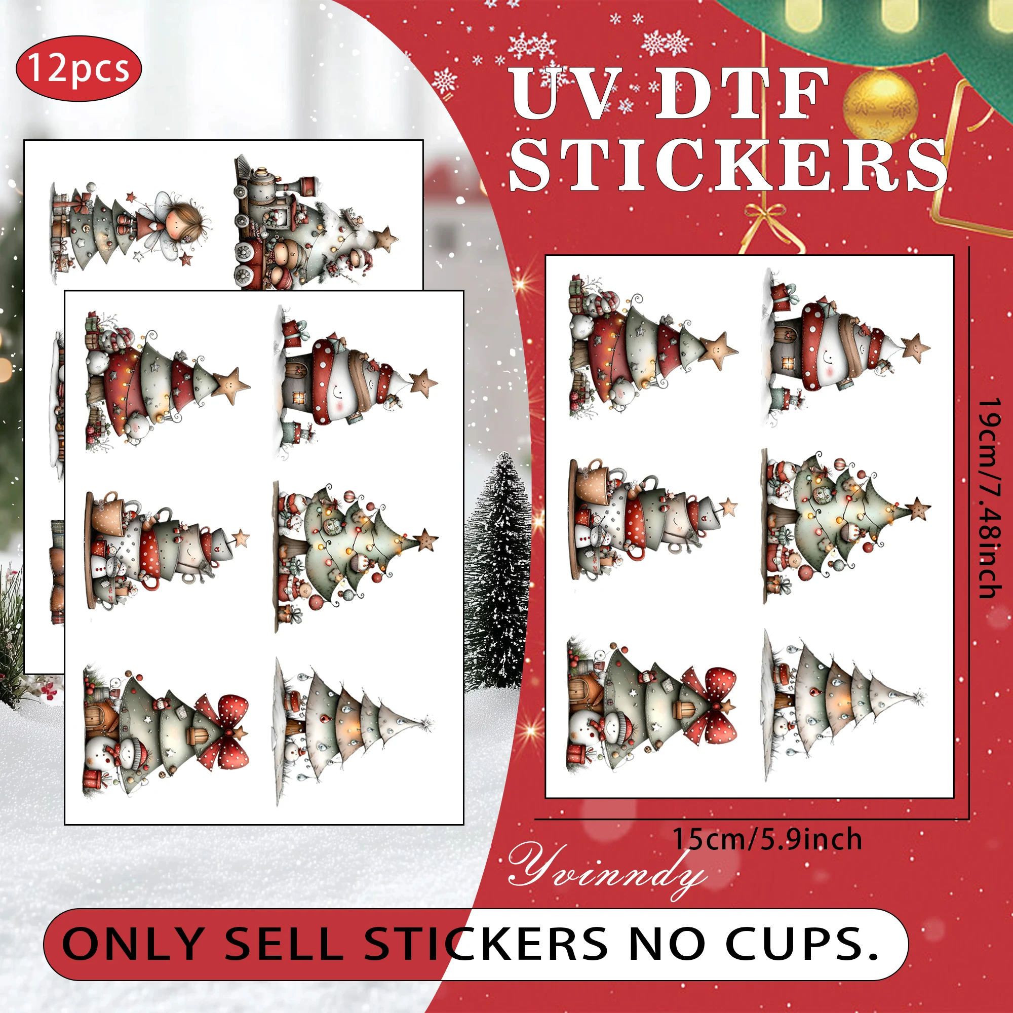 12Pcs/Set Retro Christmas Dwarf Christmas Tree Glass Jar Packaging Stickers UV DTF High Self Adhesive Transfer Paper
