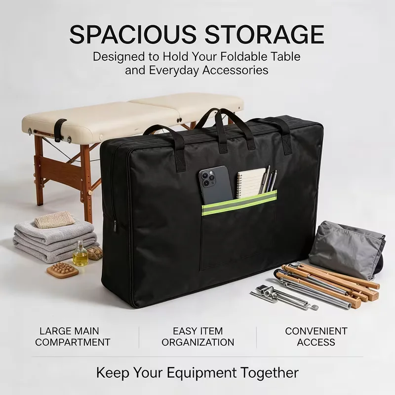 Portable Massage Table Storage Bag, Black 420D Oxford Carry Bag with Reflective Stripe Pocket for Folding Massage Bed