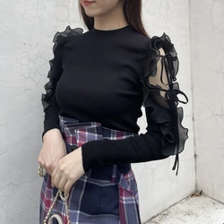 Ruffled Patchwork Off Shoulder Sweater 2024 Autumn Winter New Solid Slim Pull Femme Japan Style Chic Elegant O-neck Pullovers