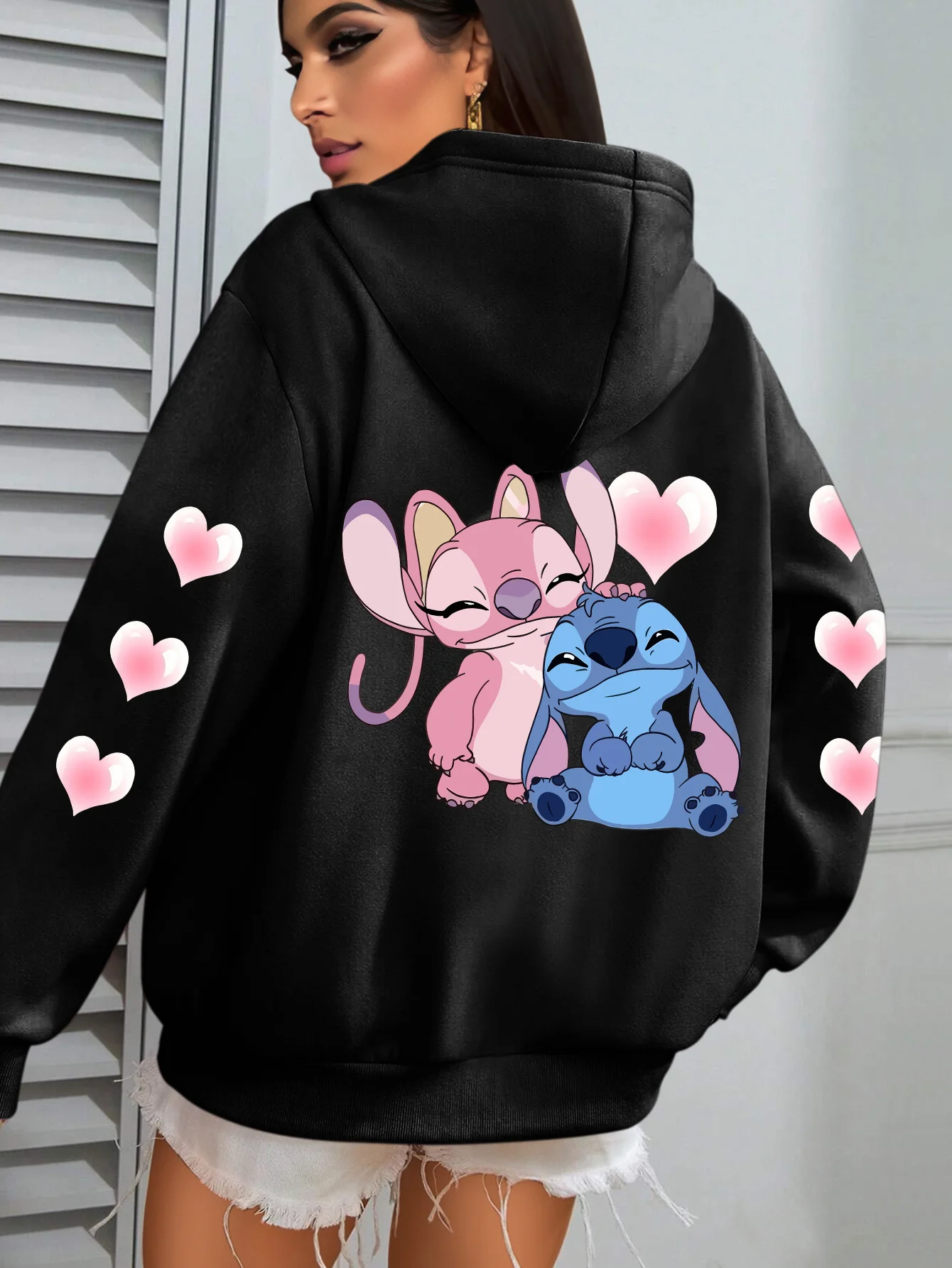 Damska bluza z kapturem z polaru z motywem Disney Stitch na jesień i zimę, unisex, streetwear, oversize, luźna, casualowa.