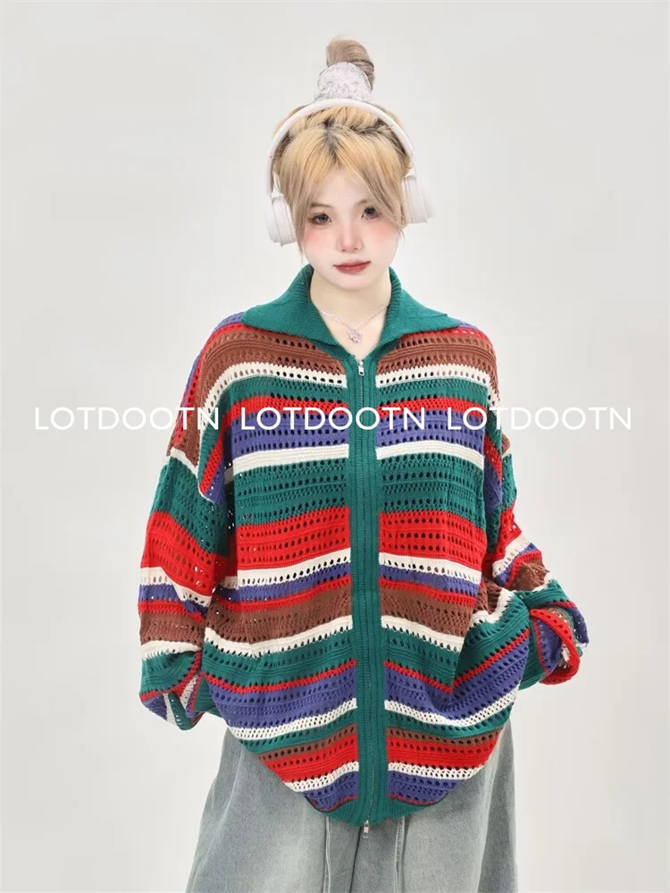 

LOTDOOTN Y2k Stripe Hollow Out Fishnet Casual Sweaters Zipper Cardigan Tops Women Fairycore Oversize Knit Sweater Patchwork Coat