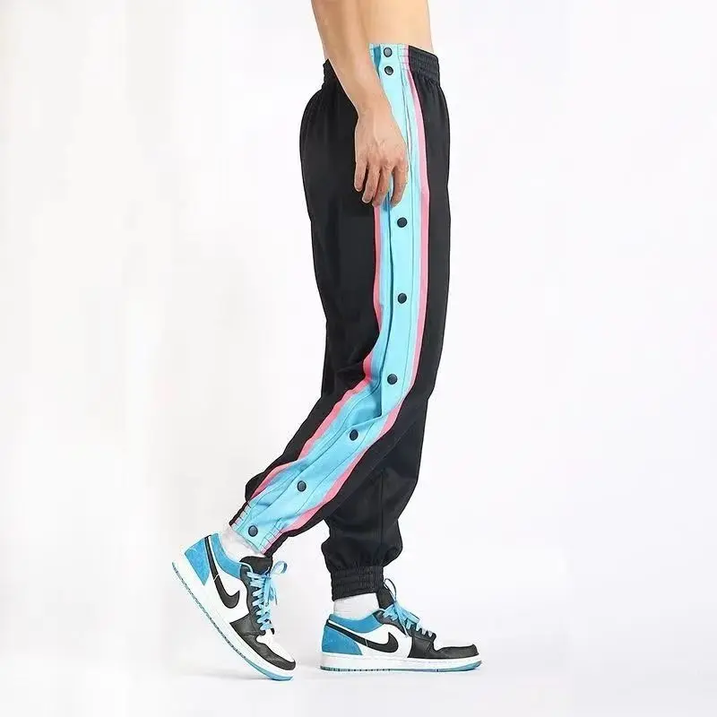 Harajuku Fashion Sports Men Pants Daily Outdoor Basketball Sweatpants Hollow Out Side Stripe Button Fly Design Creative Trousers