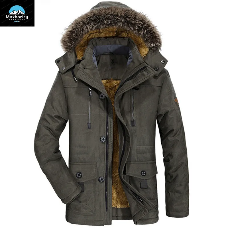 Winter Jacket Men\'s Fashionable Vintage Thick Fleece Warm Fur Collar Hooded Parkas Camping Ski Cold-proof Mid-length Cotton Coat