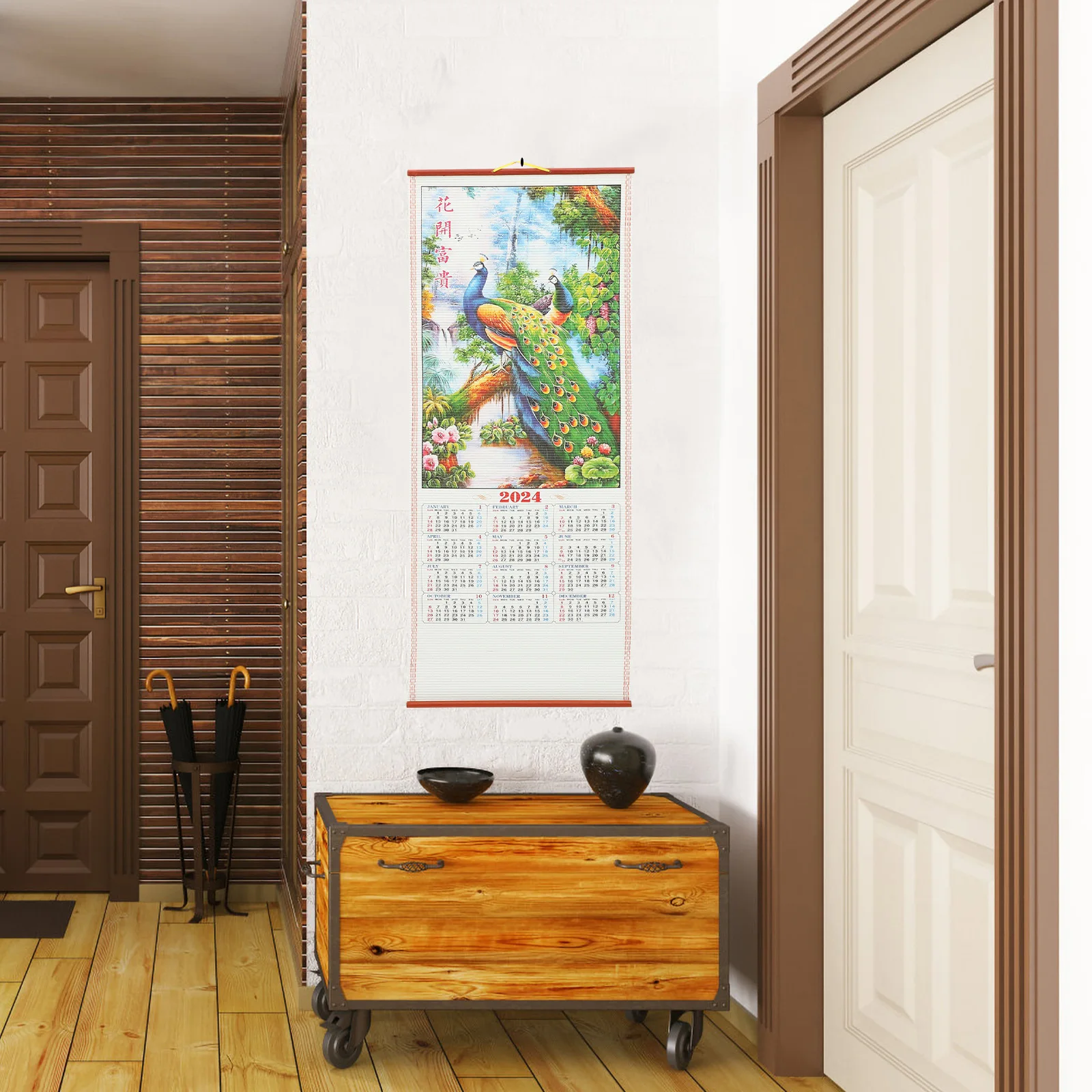 Calendario da parete 2024 Anno del drago Scorrimento di carta Decorazioni per la casa Imitazione rattan Calendari tradizionali sospesi Funzionali