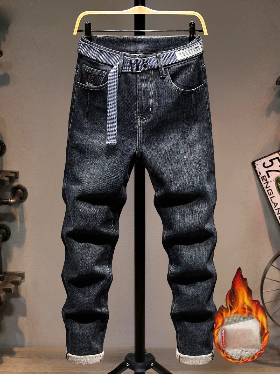 

Высококачественные мужские зимние утепленные джинсы слим-фит из флиса, молодежные модные универсальные длинные брюки, эластичные, удобные, прямого кроя