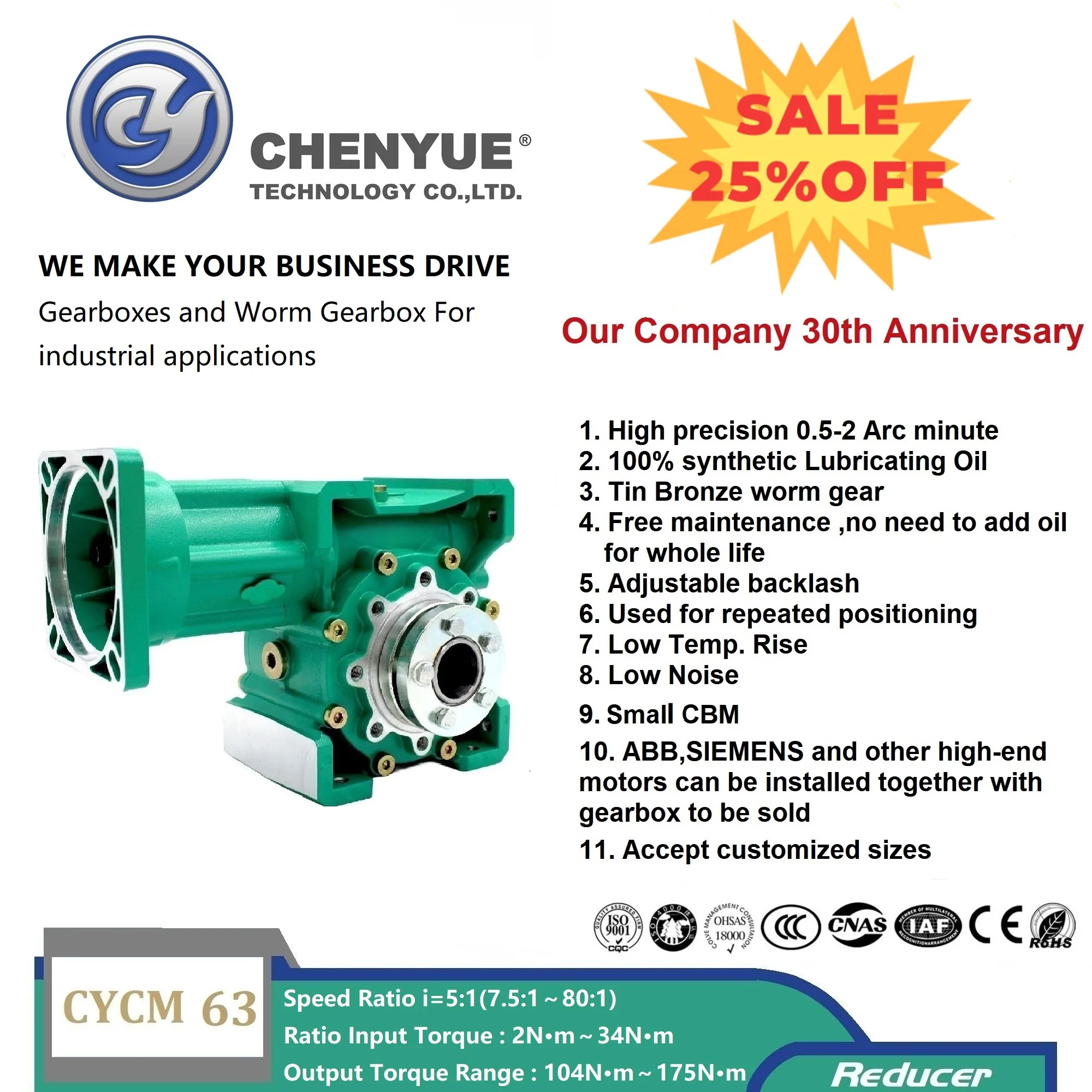 

CHENYUE Low backlash 0.5-2 Arc minute Worm Gearbox CYCM63 Input 14/19/20/22/24 Output 30mm Ratio5:1/80:1Free Maintenance