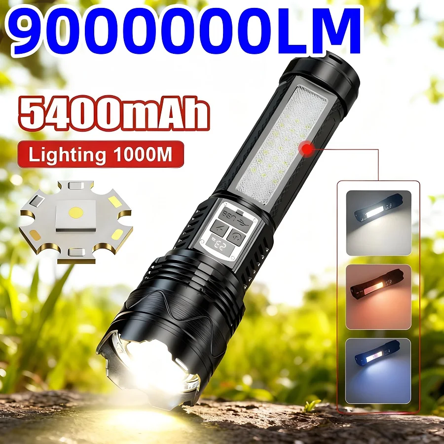 9000000LM High Power Long Range Flashlight with COB Red and Blue Light Warning Torch TYPE C Rechargeable Camping Fishing Lantern