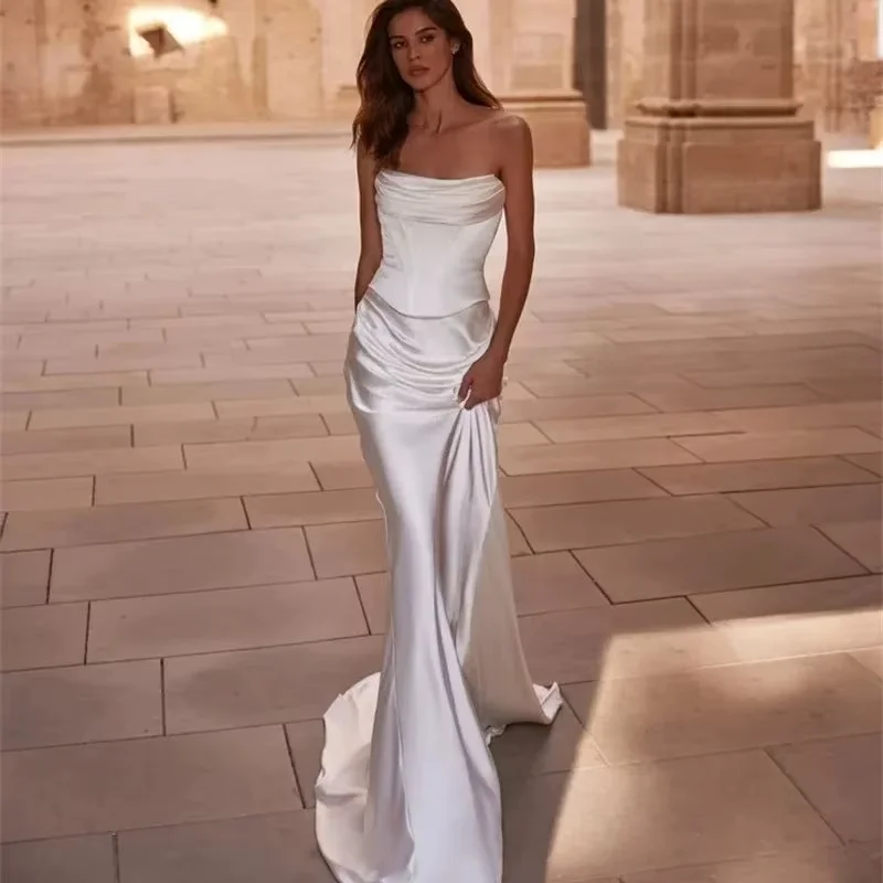 

Customize Off Shoulder Satin Mermaid Wedding Dresses 2024 Simple Women Strapless Bridal Dress Long Sleeveless Bride Gown Elegant