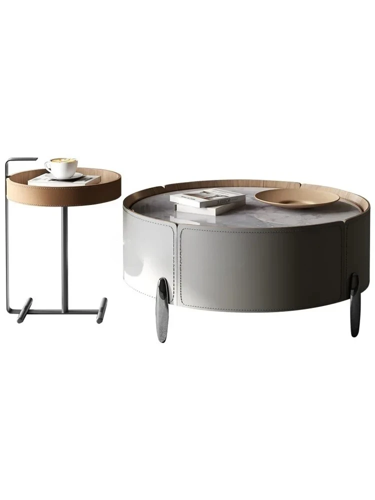 

Italian round rock slab coffee table combination simple cream saddle leather solid wood edge table