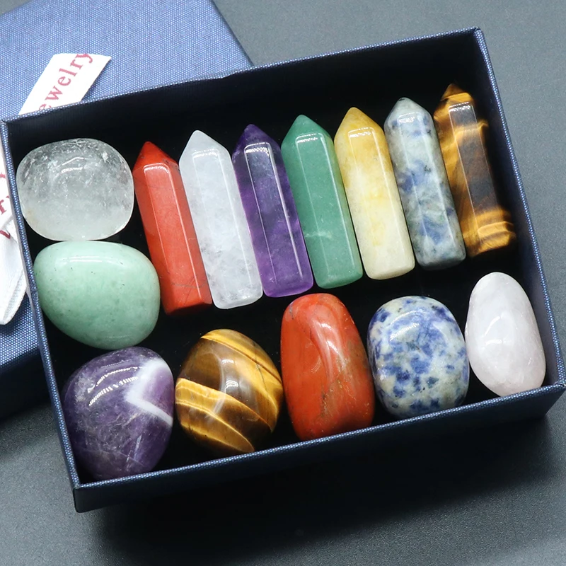 Natural Stone Chakra Bead Set Hexagonal Prism Crystal Quartz Mineral Ornaments Box Healing Gemstone Home Decorations 32x9mm