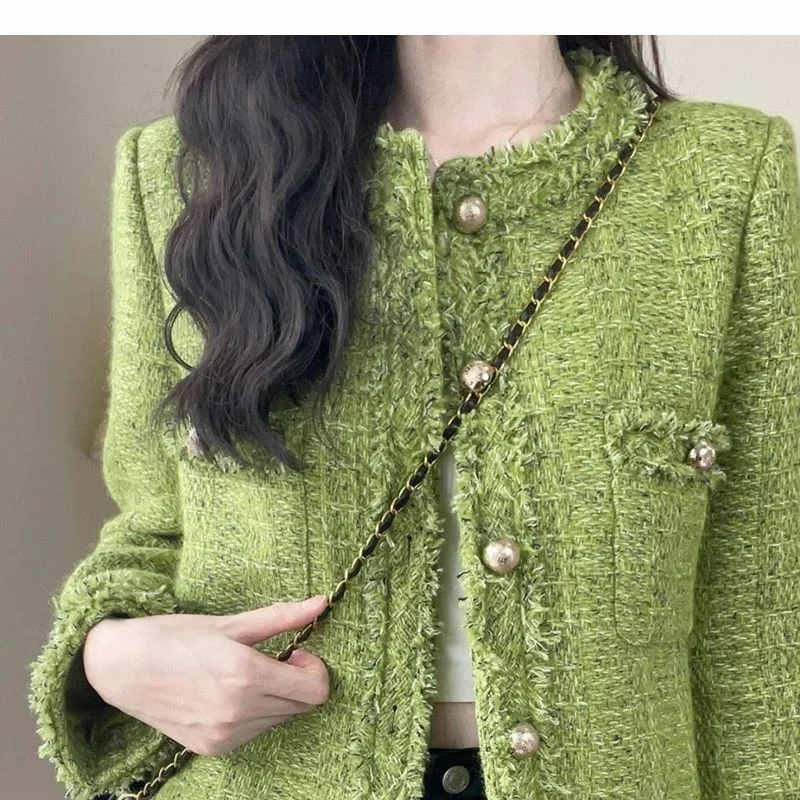 2026 New Small Fragrant Styl Coat Women's Jacket Spring Autumn Short Green Outerwear Top Korean Women Receive High Praise