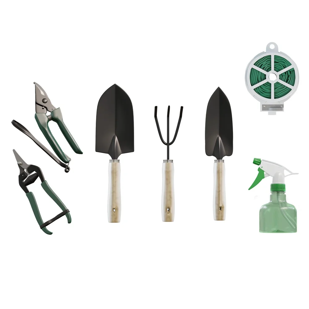 8 Piece Gardening Tool Set with Canvas Tote Rake Trowel Shovel Snip Pruner Spray Bottle Wire Tie Planting Weeding