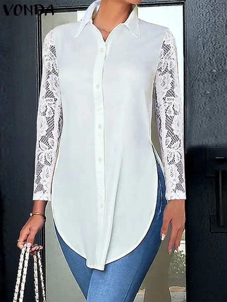 VONDA-Camisa de manga larga de encaje para mujer, blusa asimétrica elegante para oficina, informal, con solapa, color liso, para otoño, 2023