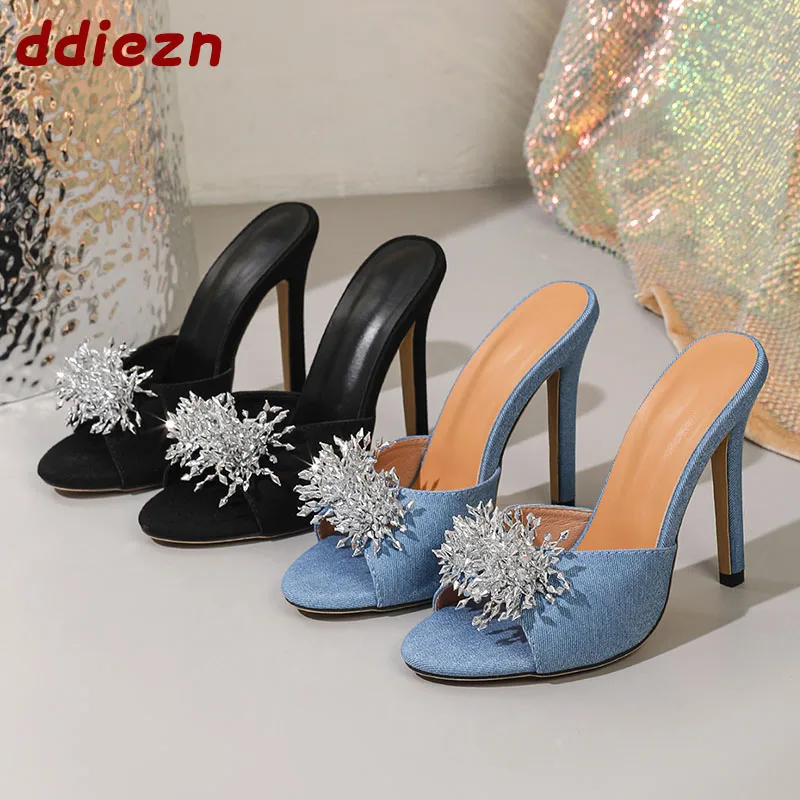 

Denim Fashion Diamonds Women Slides Slippers Thin Heels Crystal Shoes New In 2026 Female Round Toe Ladies Heeled Sandals Shoes
