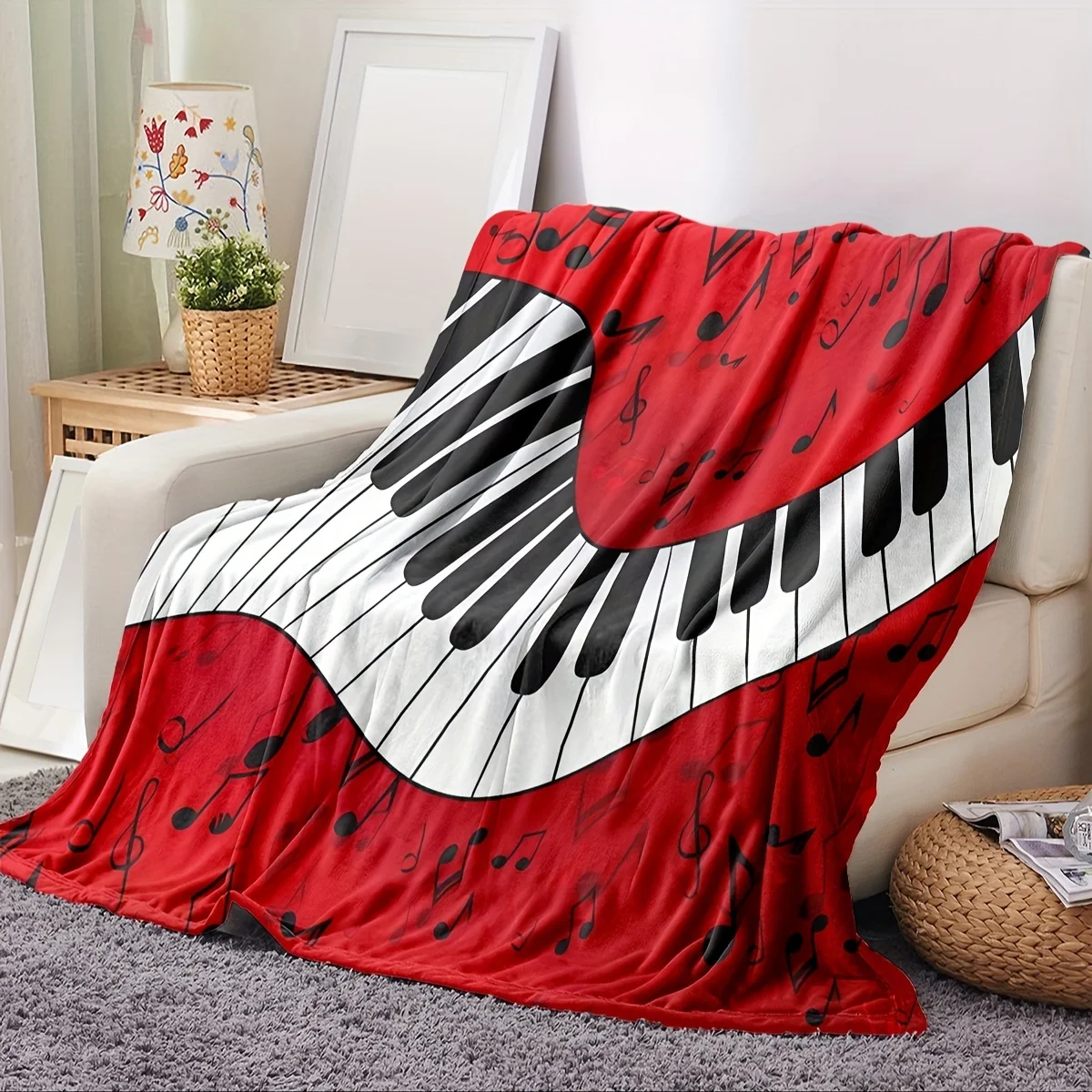Music Piano Keyboard Blanket, Contemporary Style, All-Season, Soft Flannel, Durable Polyester, Digital Print, Machine Washable,