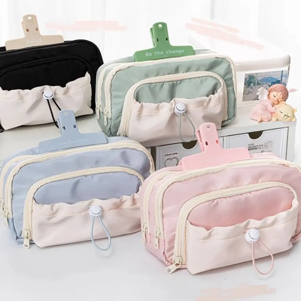 Fashion Zipper Pen Bag Large Capacity Drawstring Pencil Case Five-Layer Stationery Organizer Student