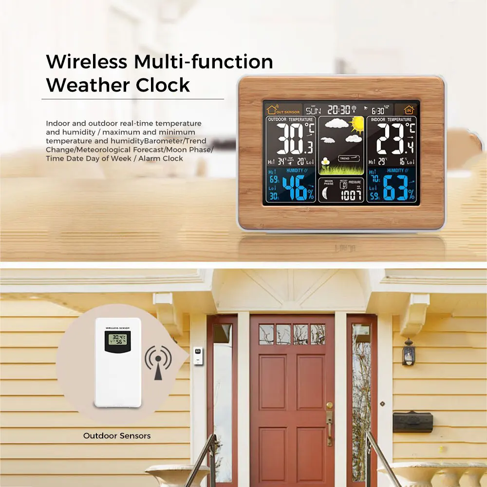 

Wireless Weather Station Digital Clock LCD Colored Screen Temperature Humidity Calendar Display Alarm Clock Weather Monitor
