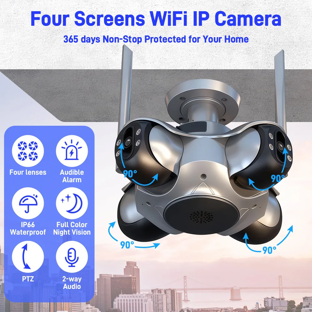4 Lens 4 Screens Cameras 20MP Security Wifi Outdoor HD 1080p Infrared Two Way Audio CCTV Wireless Video Surveillance IP Camera