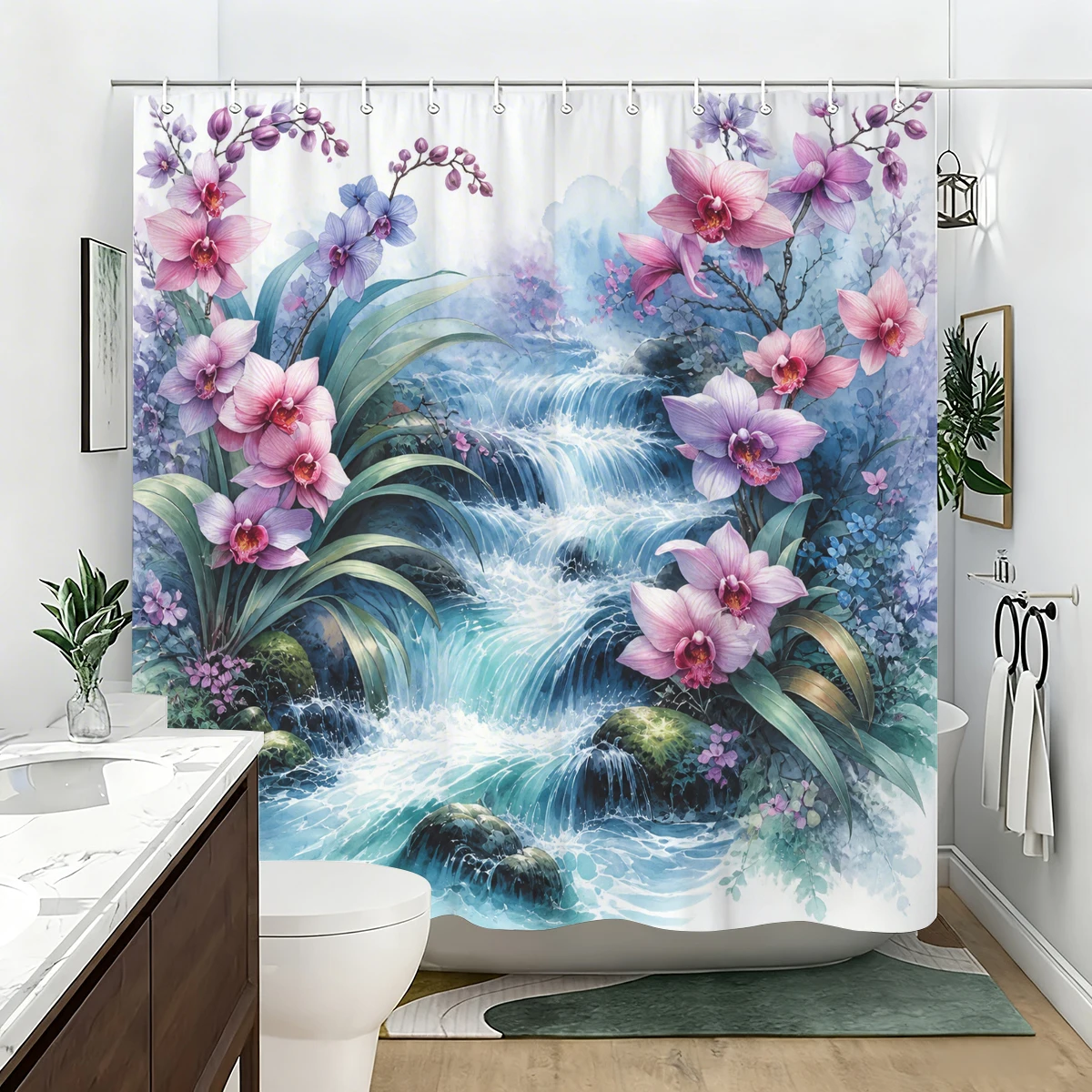 Vibrant Floral & Dragonfly Pattern Polyester Bathtub Curtain - Artistic Bathroom Decor, Stylish Bathtub Curtain for Home Use