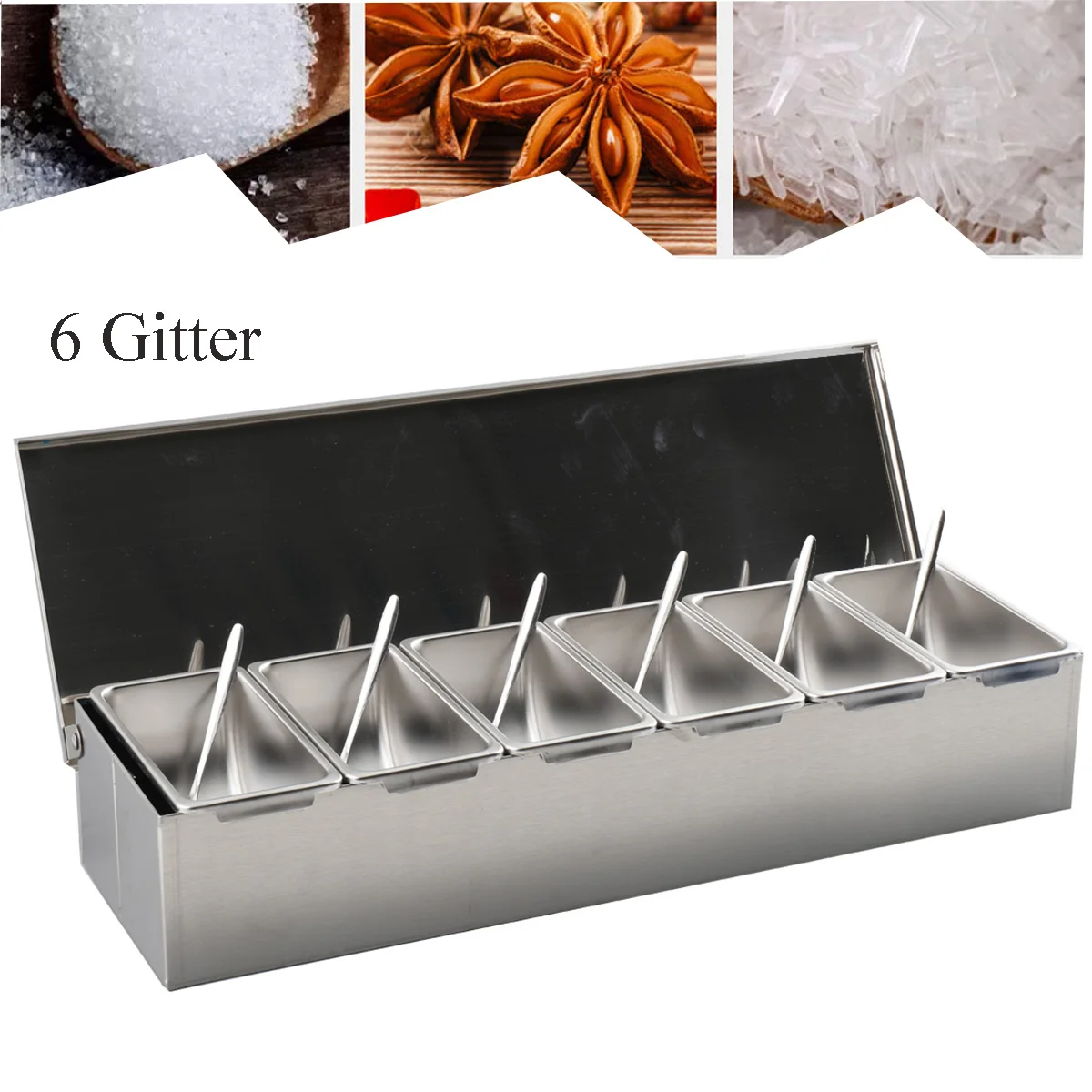 6-teilige Zutatenbox aus Edelstahl für Salz, Zucker, Käse, Soße, Gewürzbox, Pizza, Werkzeug, Snack-Aufbewahrungsbox – Detail 12