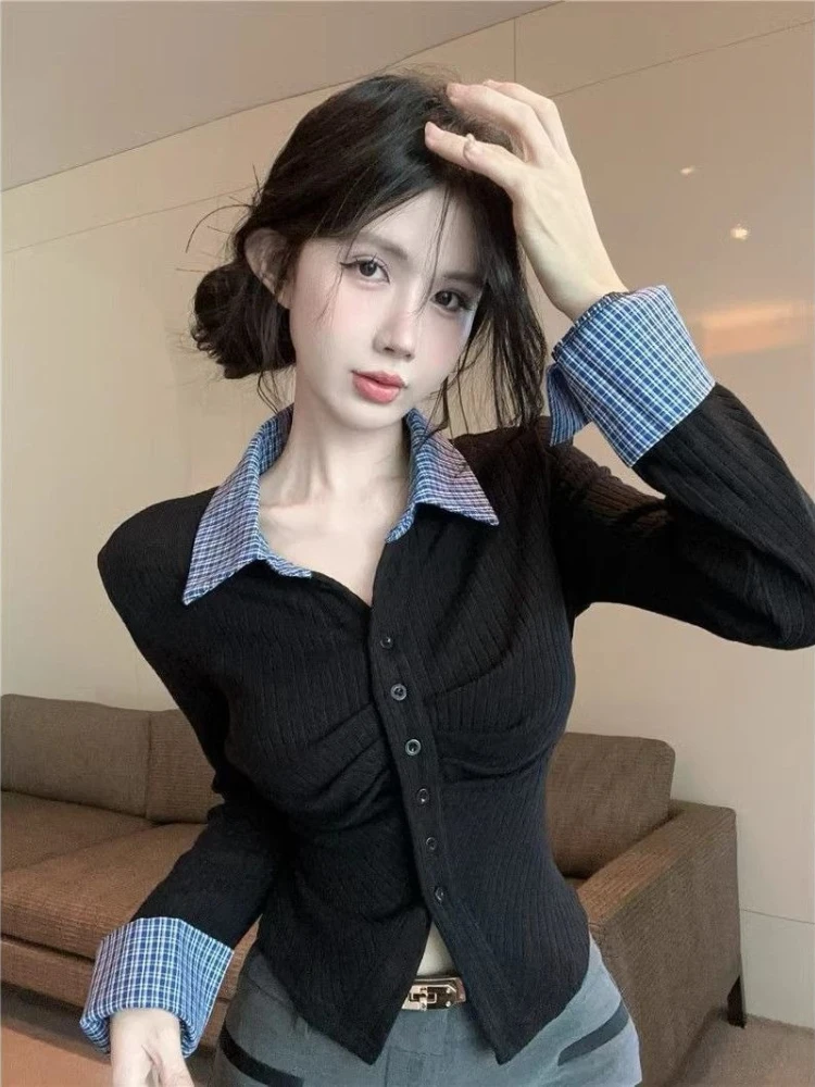 

Женская весенняя вязаная рубашка с длинным рукавом в консервативном стиле с воротником-поло, искусственная плиссированная рубашка из двух предметов, облегающая повседневная блузка для повседневной одежды ​