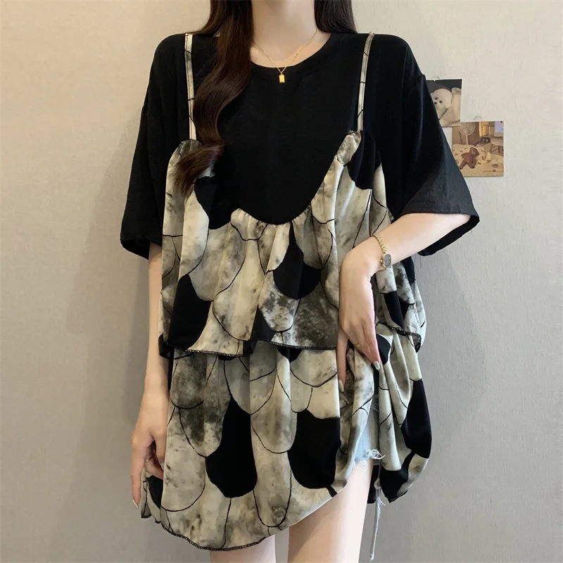 

Plus Size Summer New Fashion Unique High-end Fake Two-piece Ruffle Doll Shirt Top