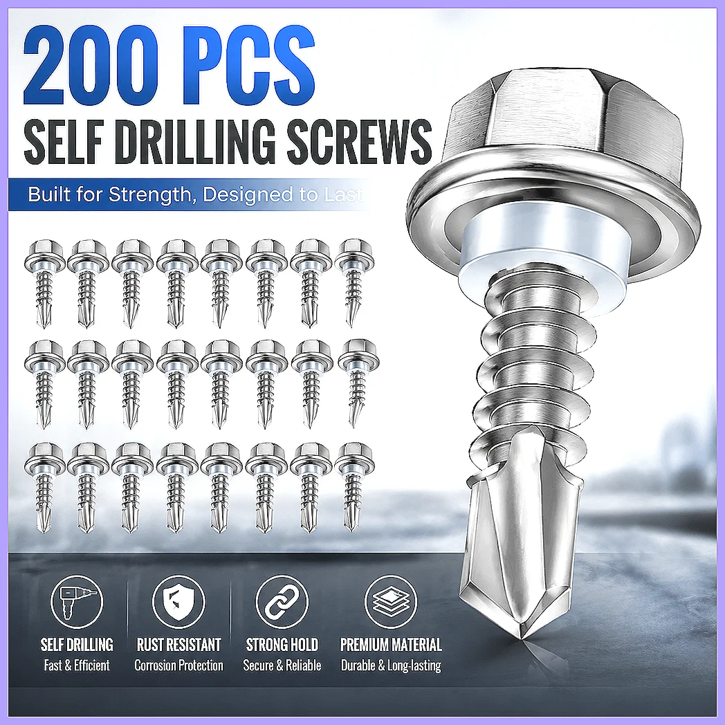 200PCS 410 Stainless Steel Self Tapping Screws Hex Head Rust Resistant Corrosion Proof Fasteners Equipment Hardware