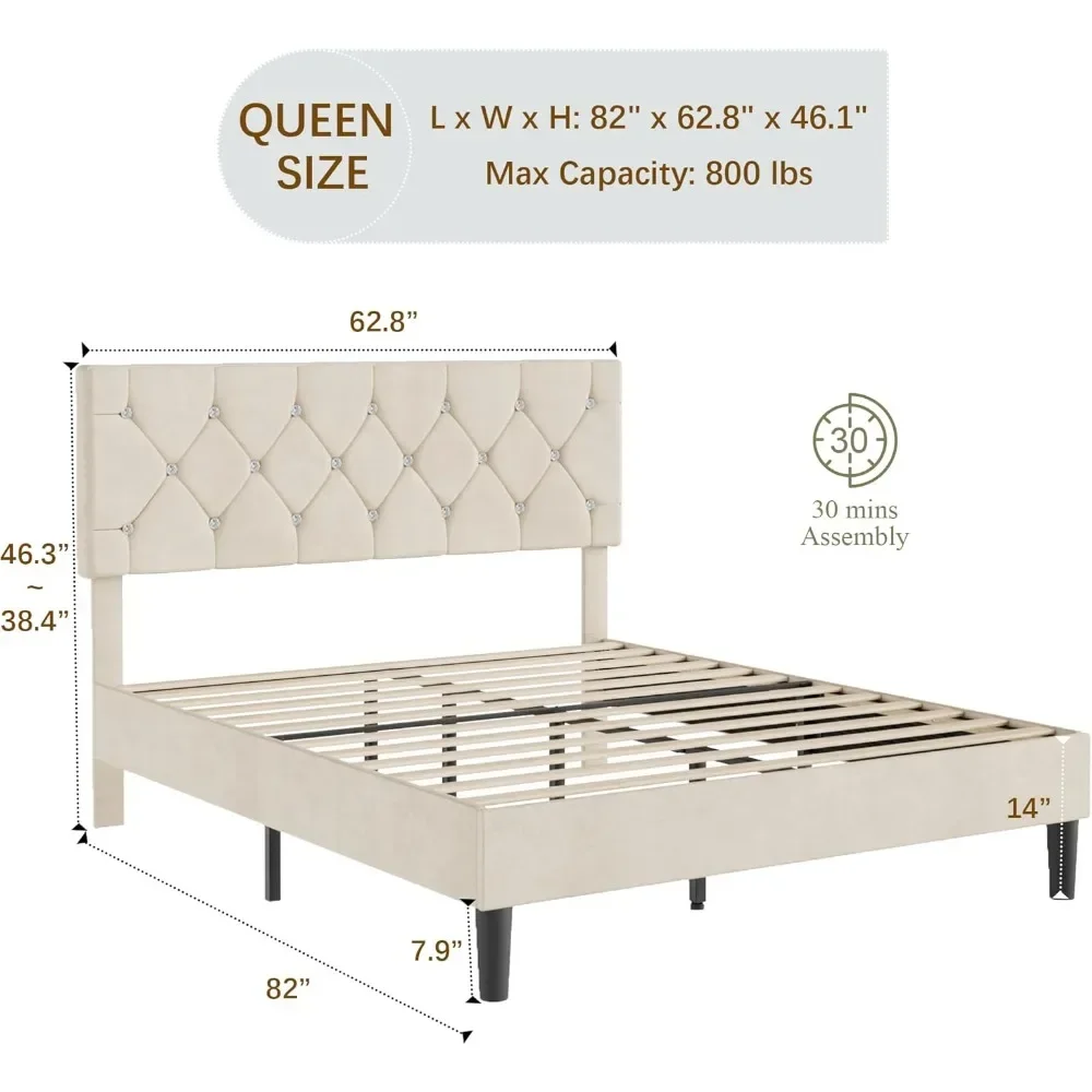 إطار سرير بحجم كوين، منصة منجدة مع لوح رأسي معنقدة ماسي قابل للتعديل، دعم شريحة خشبية، لا حاجة إلى صندوق زنبركي