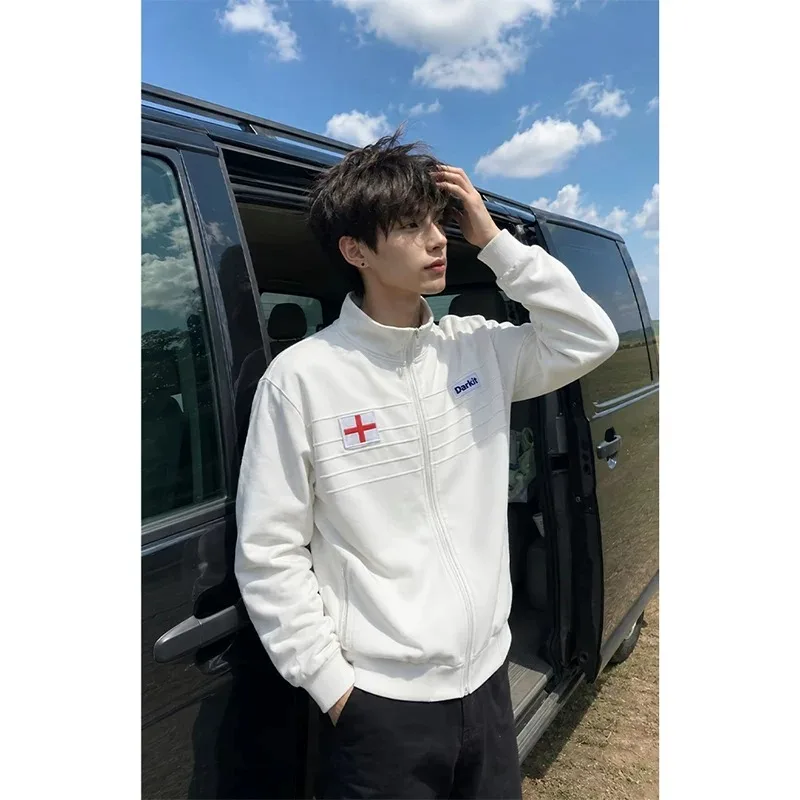 American Retro Cleanfit England Stand Collar Sweatshirt Jacket Men's Casual Training Wear Open Cardigan Jacket Cotton Polyester