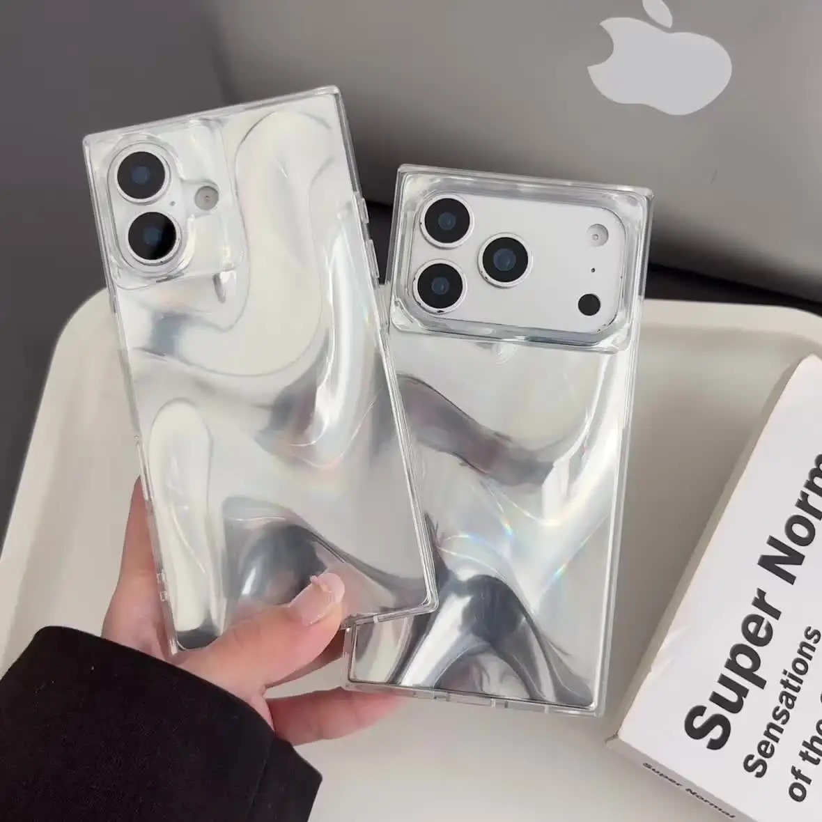Square premium silver silk patterned phone case suitable for iPhone 13 14 15 16 17 Pro Max all inclusive anti drop case