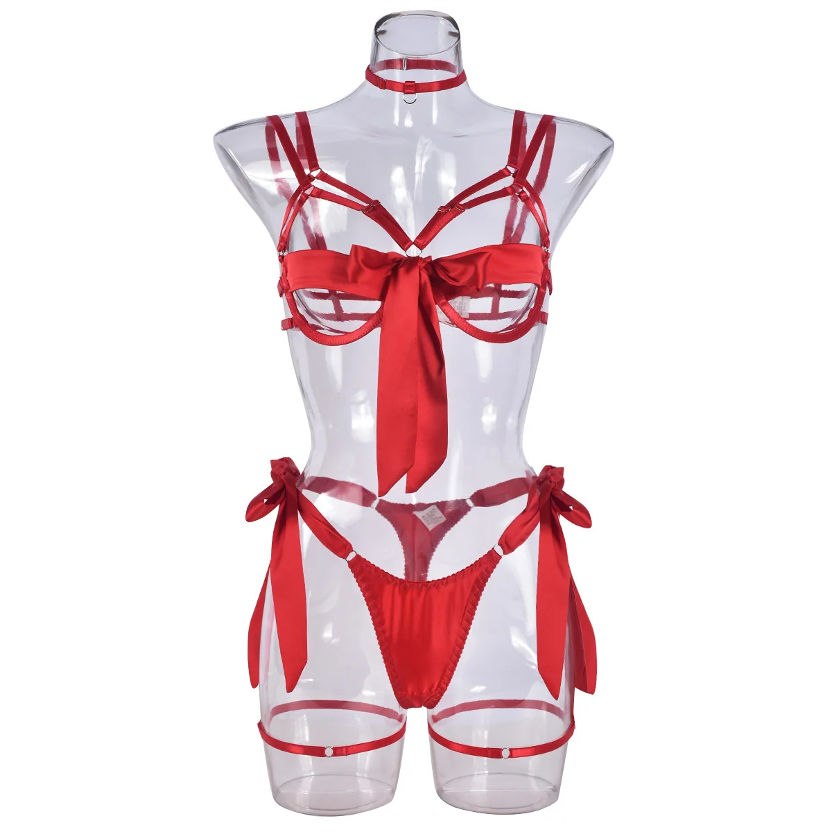 

Lingerie Sexy Hot Women Bondage Cupless Bra & Garter Set Exotic 4-Piece Sheer Mesh Underwear Set with Lace-Up Hollow Out Design