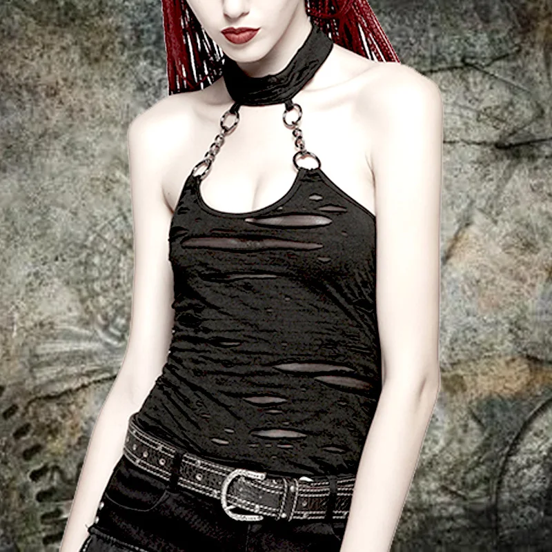 2025 Female Clothing Summer Sexy Black Vest for Womens PUNK street gothic GOTHIC Ripped neck hang women's hole vest top
