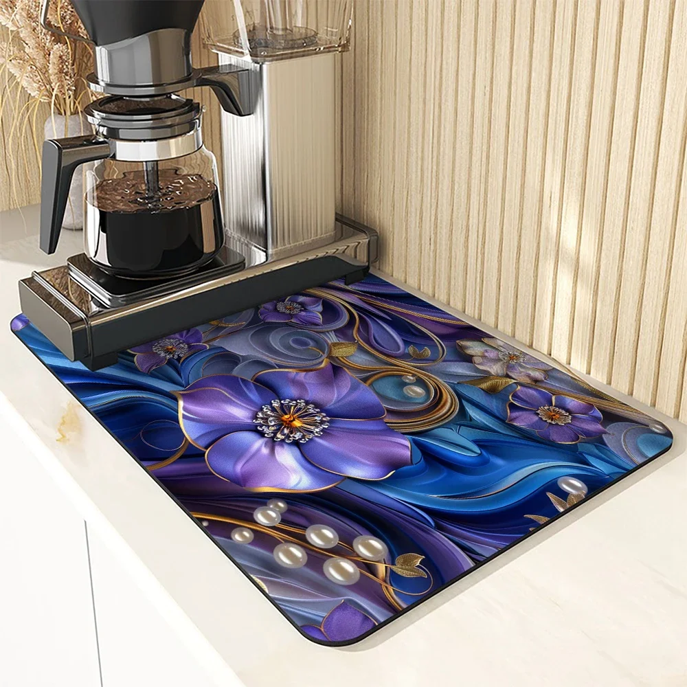 Antiskid Kitchen Absorbent Draining Mat Flower Super Absorbent Coffee Dish Drying Mat Quick Dry Bathroom Drain Pad