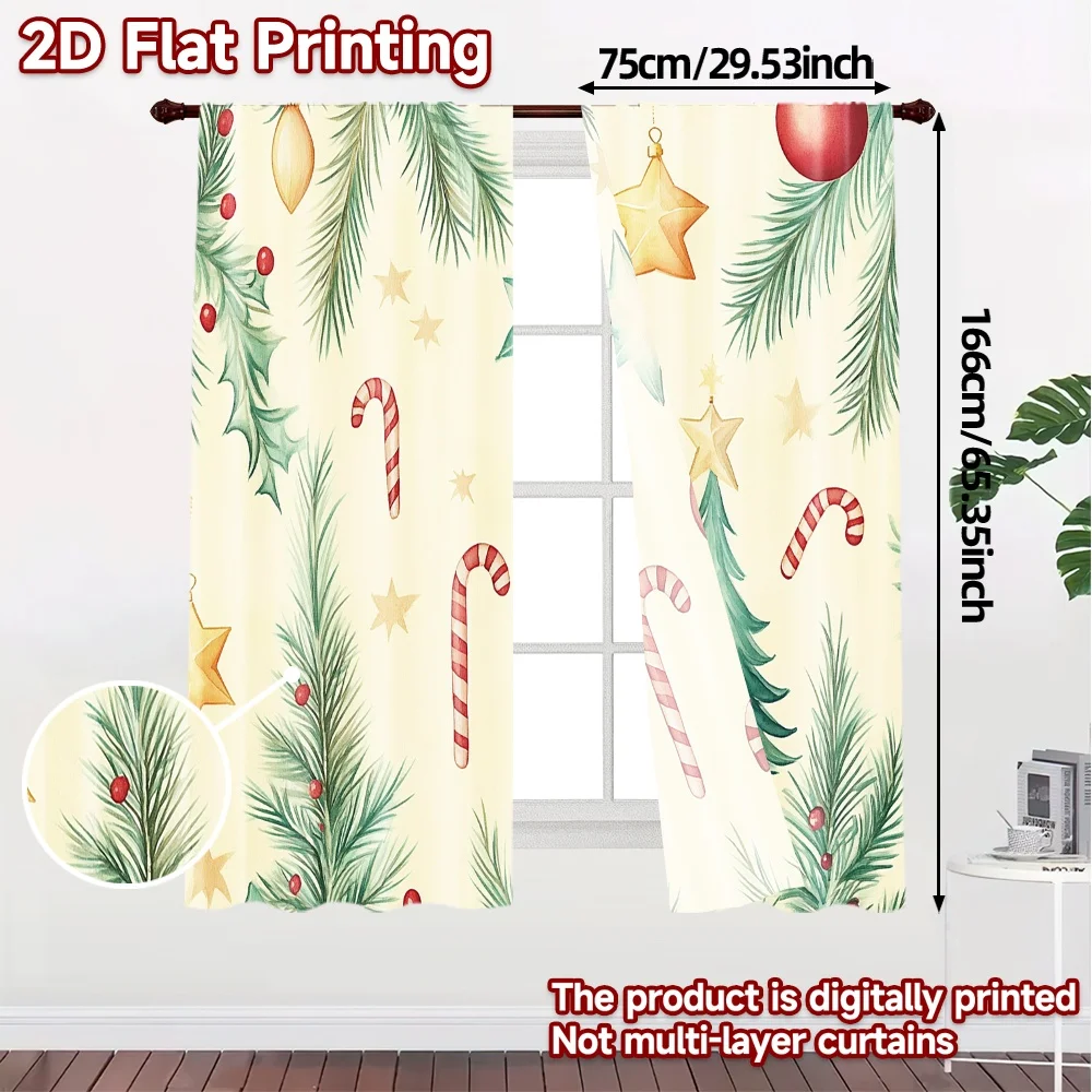 2pcs,Curtains Christmas Tree Ornaments Watercolor Style Fashionable Chic Curtains Prints Light Filtering Curtains Gifts Ldeal