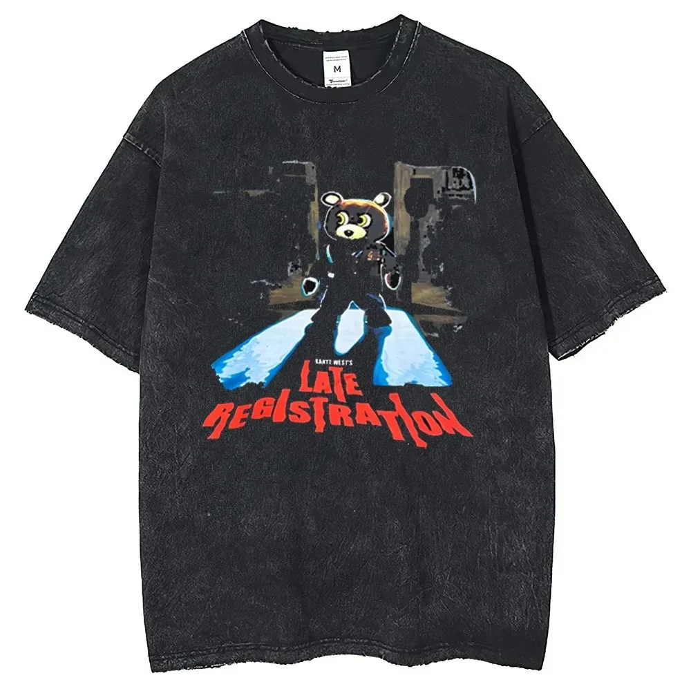 Rapper Kanye West Late Registration Tour Graphic Print T-shirt Men Women Retro Washed O-neck Cotton Loose Casual Oversized Top