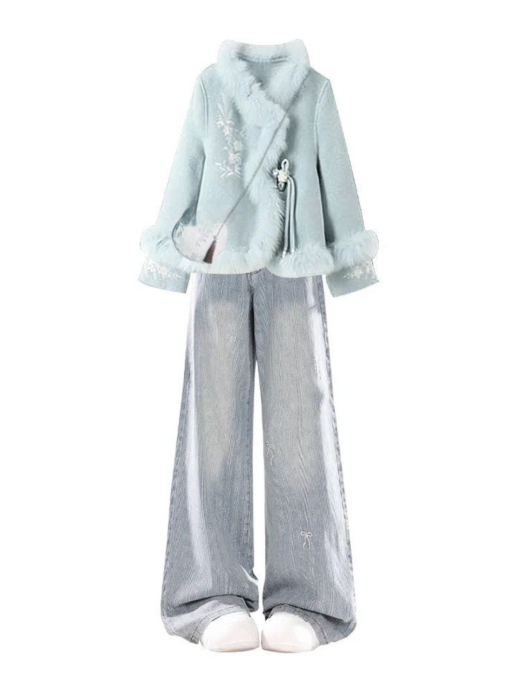 Capispalla e jeans caldi invernali coreani Sle Set da donna con collo in pelliccia allentata ricamato Jaet pantaloni in denim a gamba larga a vita alta