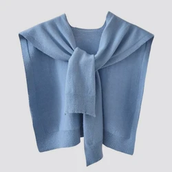 Spring Autumn Korean Knitted Shoulder Women's Knot Solid Color With Air Conditioning Small Shawl To Protect Neck Blue