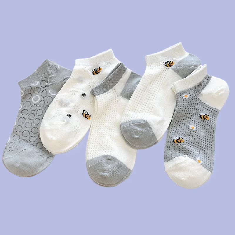 

5/10 Pairs Japanese Simple Student Socks Little Bee Embroidered Mesh Breathable Socks Boat Socks Summer Thin Short Socks