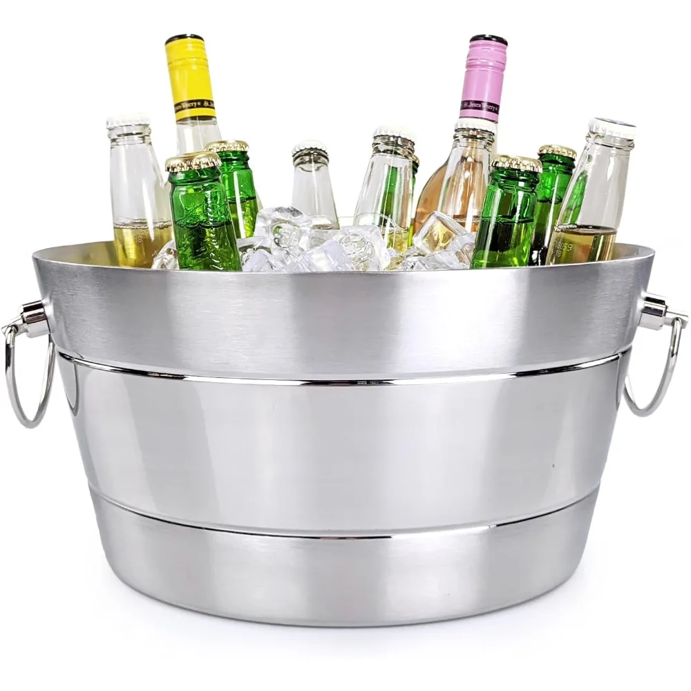 

Stainless Steel Ice Bucket for Parties, Double Wall Insulated Anchored Brushed Drink Tub & Wine Bucket